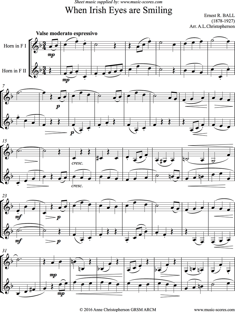 Front page of When Irish Eyes are Smiling: 2 French Horns sheet music