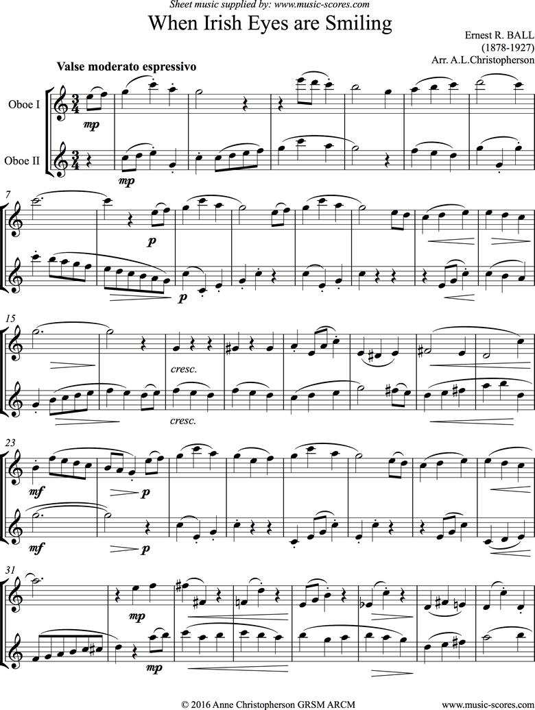 When Irish Eyes are Smiling: 2 Oboes by Traditional