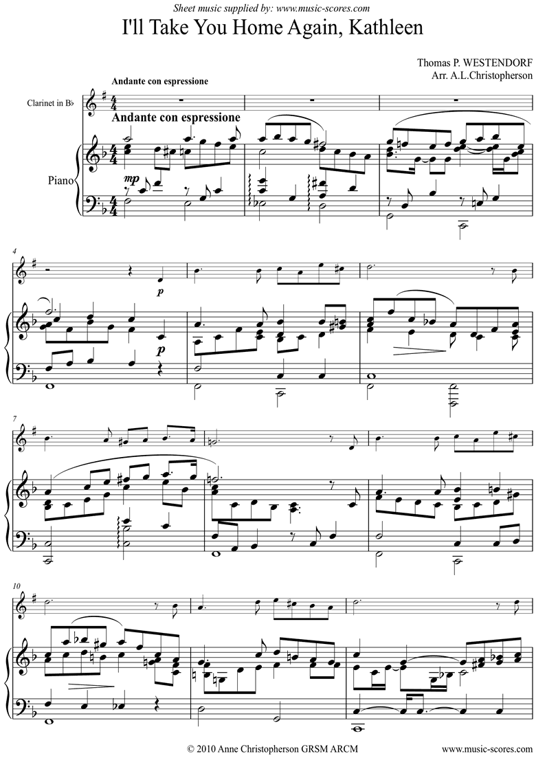 Front page of I will Take you Home Kathleen: Clarinet sheet music