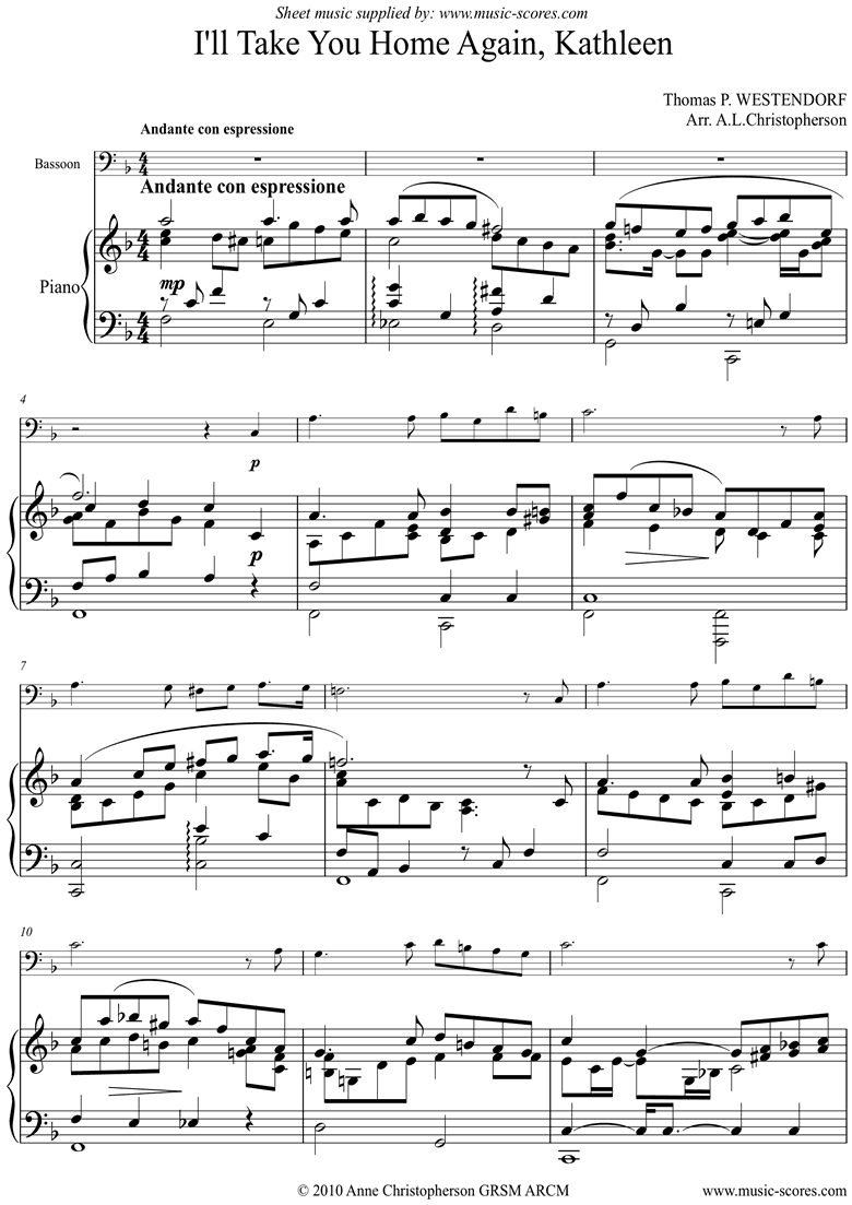 Front page of I will Take you Home Kathleen: Bassoon sheet music