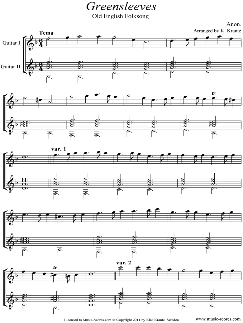 Front page of Greensleeves:  Guitar Duet sheet music