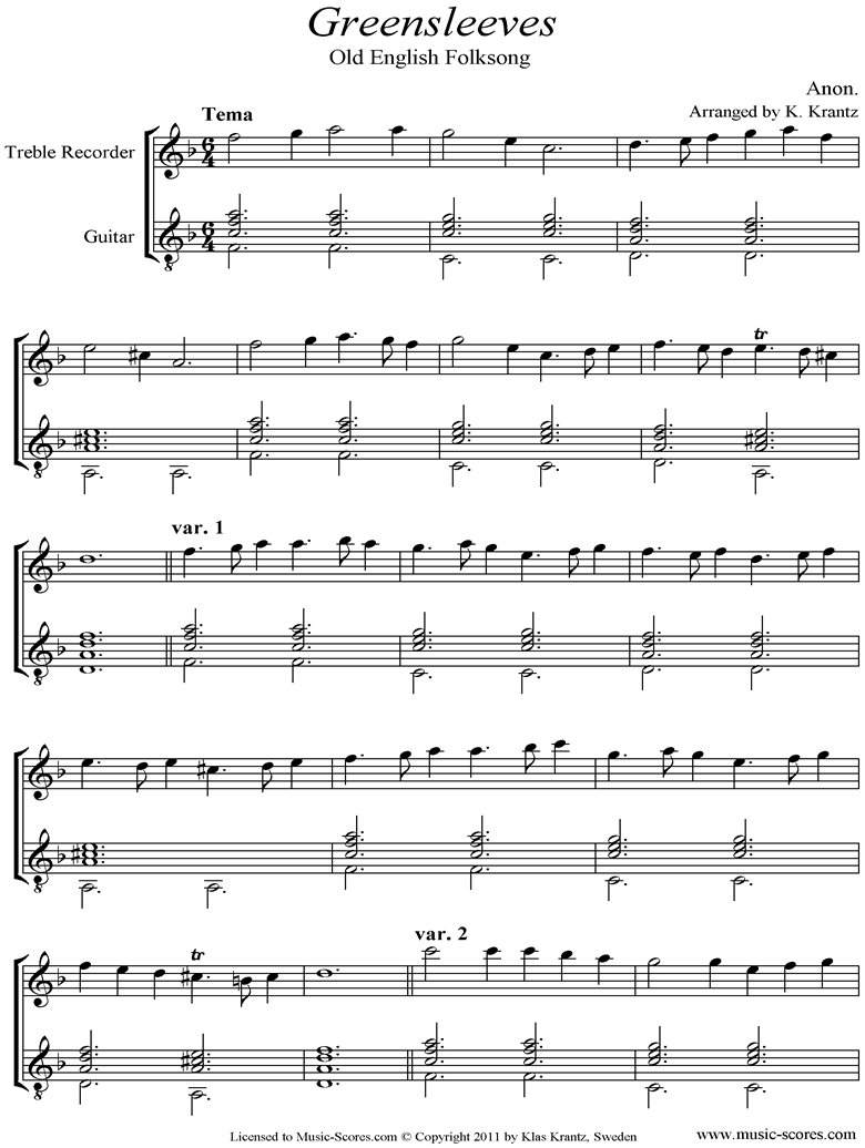Front page of Greensleeves: Treble Recorder, Guitar sheet music