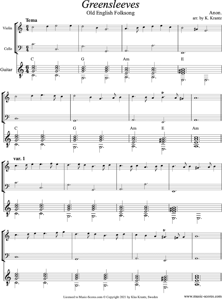 Front page of Greensleeves:  Violin, Cello, Guitar sheet music