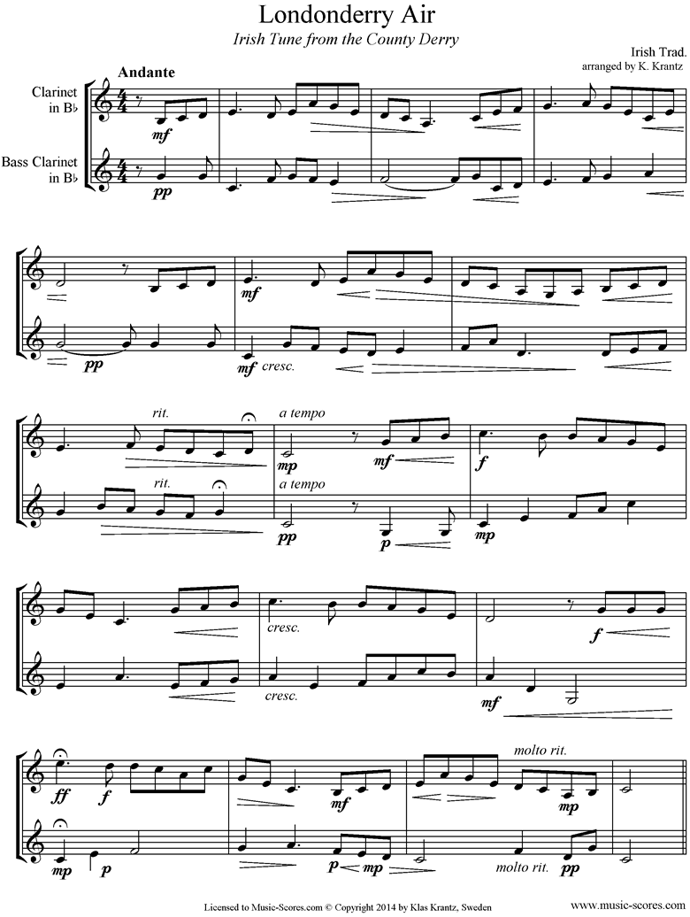 Front page of Danny Boy: I Cannot Tell: Londonderry Air: 2 Clarinets sheet music