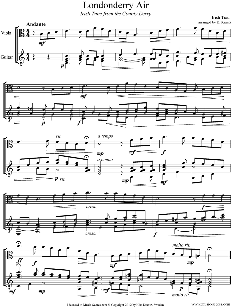 Front page of Danny Boy: I Cannot Tell: Londonderry Air: Viola, Guitar sheet music