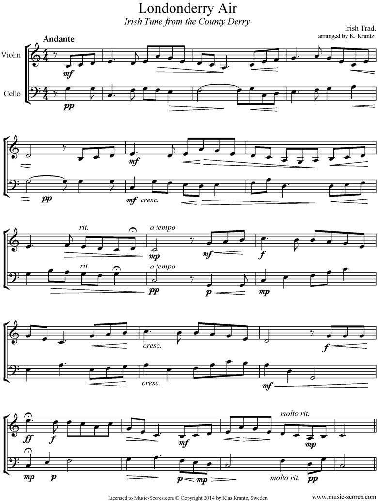 Front page of Danny Boy: I Cannot Tell: Londonderry Air: Violin, Cello sheet music