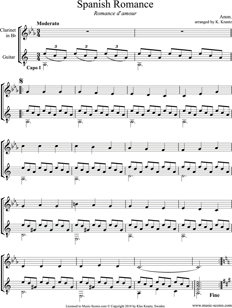 Front page of Spanish Romance: Clarinet, Guitar sheet music