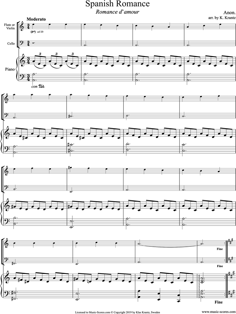 Spanish Romance: Violin, Cello, Piano by Traditional