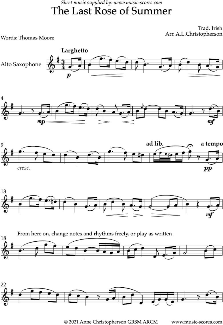 Front page of The Last Rose of Summer: Solo Alto Sax sheet music