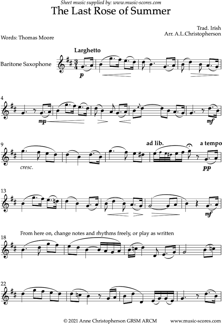 Front page of The Last Rose of Summer: Solo Baritone Sax sheet music