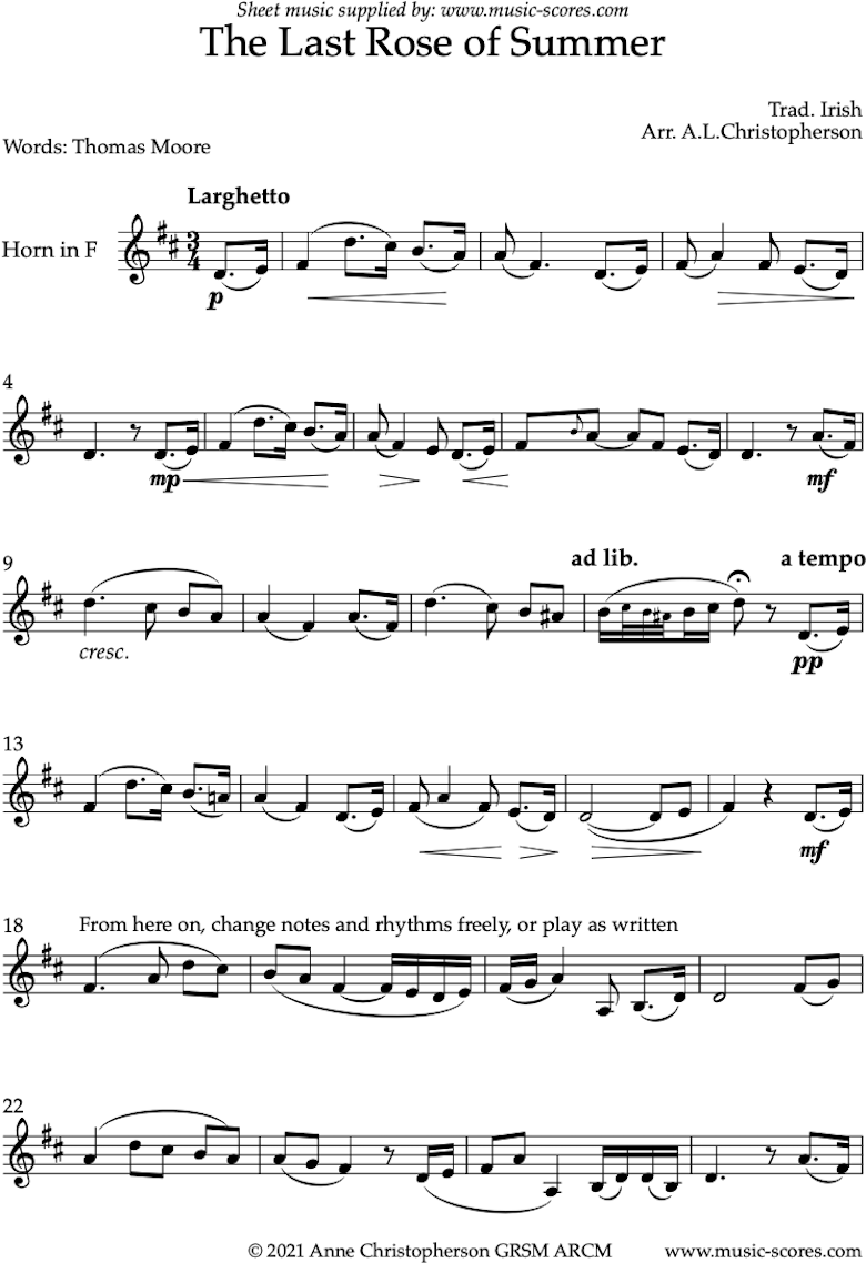Front page of The Last Rose of Summer: Solo French Horn sheet music