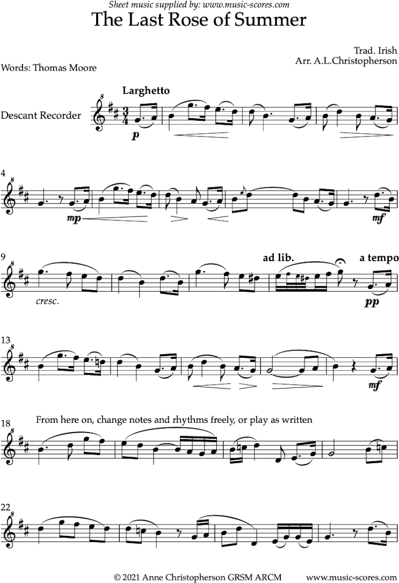 Front page of The Last Rose of Summer: Solo Descant Recorder sheet music