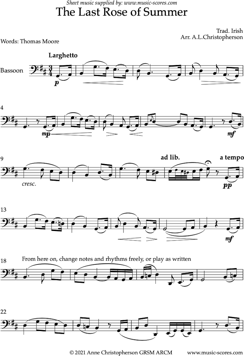 Front page of The Last Rose of Summer: Solo Bassoon sheet music