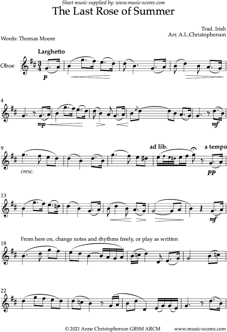 Front page of The Last Rose of Summer: Solo Oboe sheet music