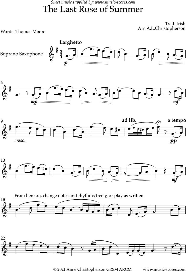 Front page of The Last Rose of Summer: Solo Soprano Sax sheet music