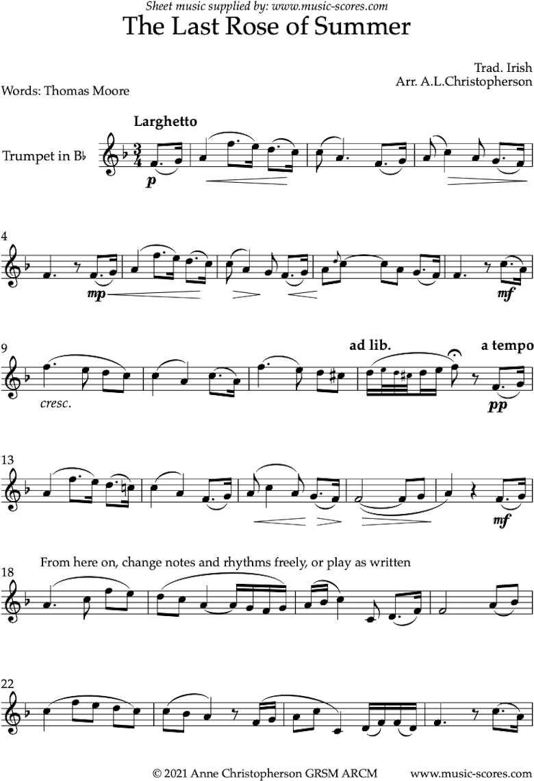 Front page of The Last Rose of Summer: Solo Trumpet sheet music
