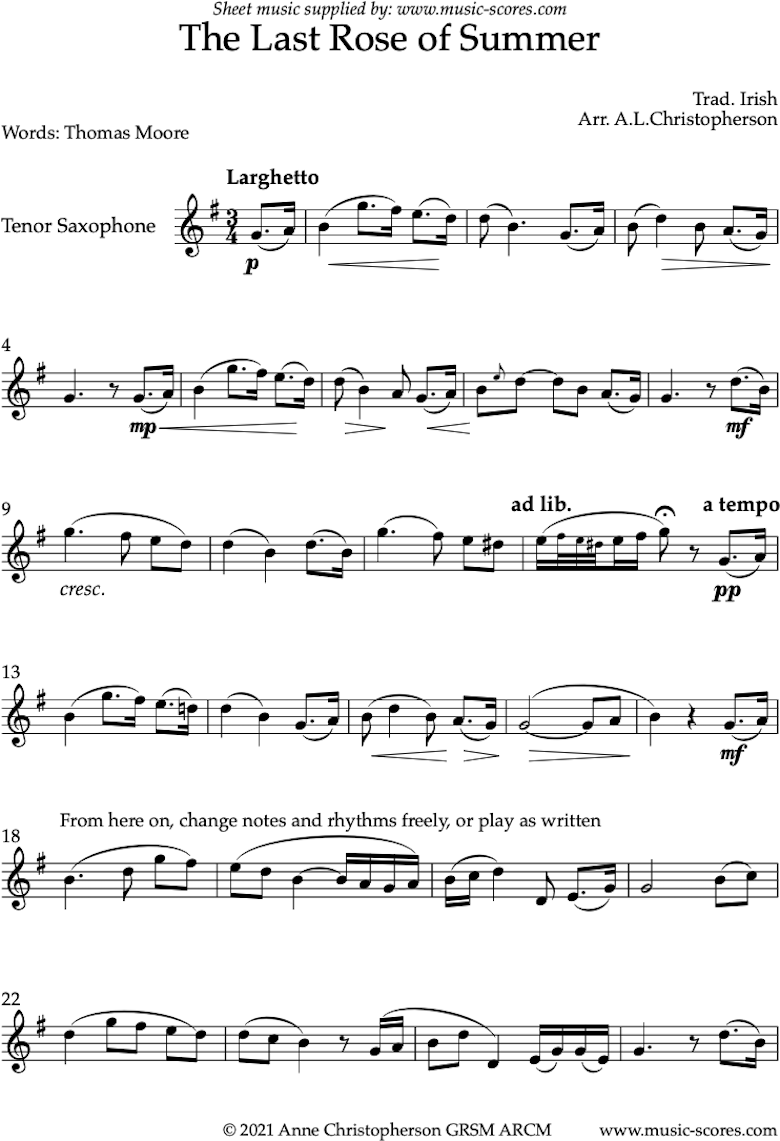 Front page of The Last Rose of Summer: Solo Tenor Sax sheet music