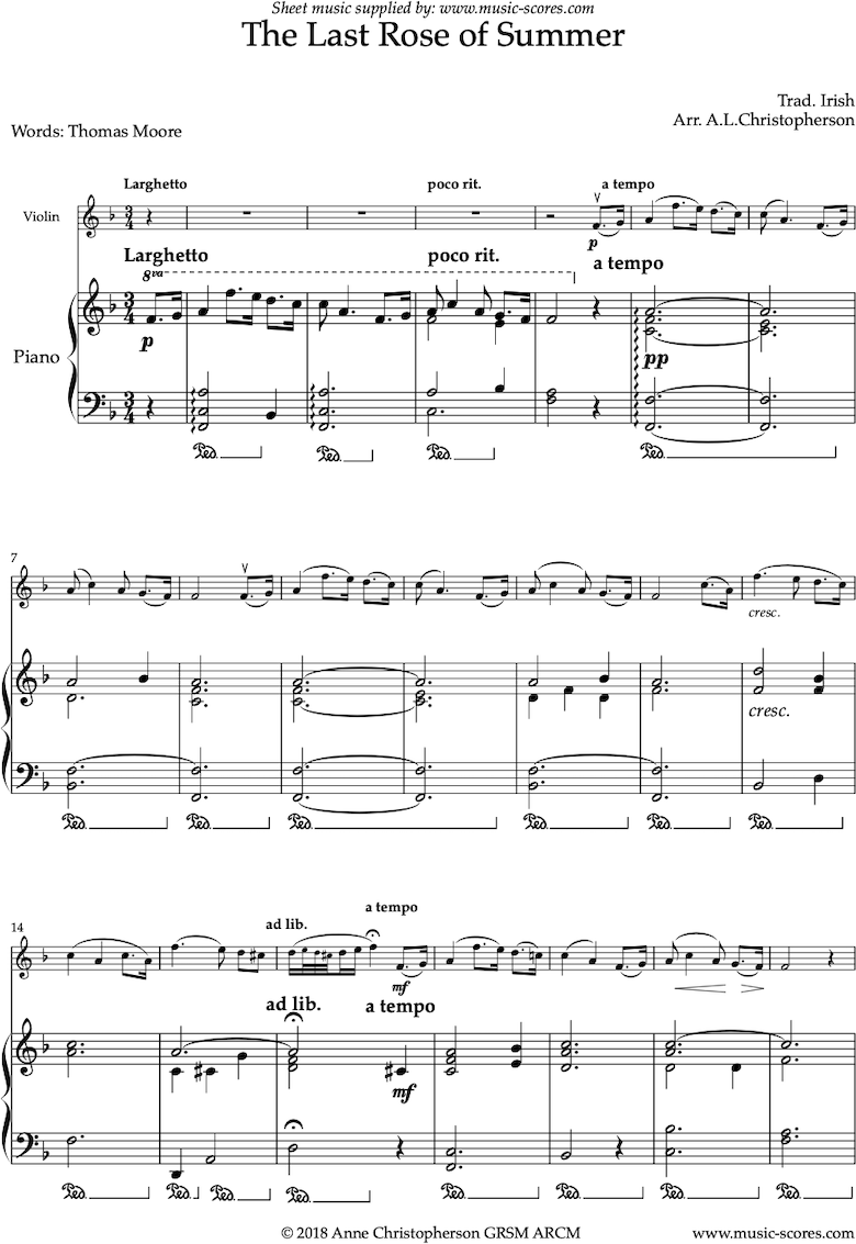 Front page of The Last Rose of Summer: Violin sheet music