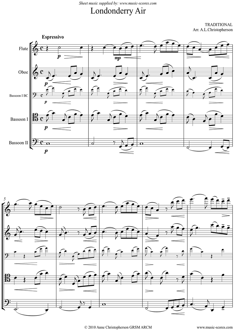 Front page of Danny Boy: I Cannot Tell: Londonderry Air: Flute, Oboe, 2 Bassoons sheet music