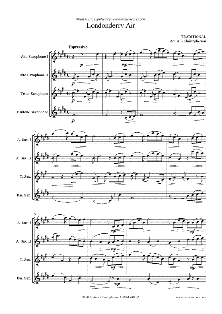 Danny Boy: I Cannot Tell: Londonderry Air: 2 Altos, Tenor and Baritone Sax by Traditional