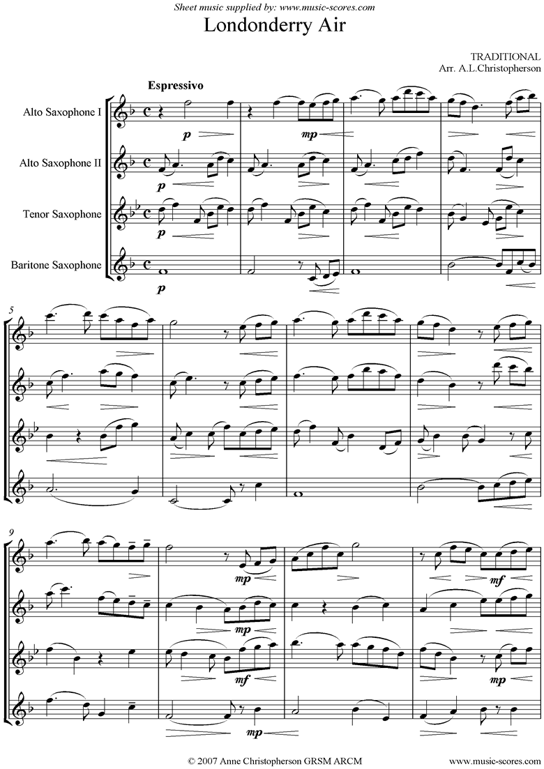 Front page of Danny Boy: I Cannot Tell: Londonderry Air: Sax Quartet. 2 Altos, Tenor, Bari sheet music