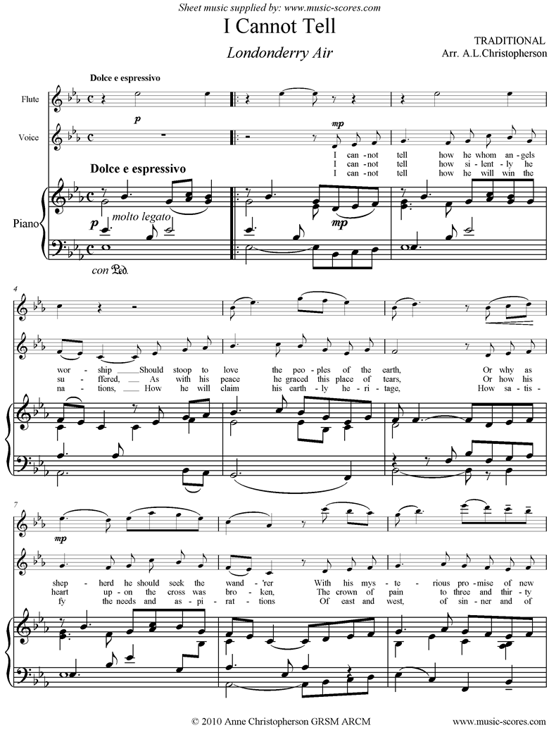 Front page of Danny Boy: I Cannot Tell: Londonderry Air: Voice, Flute, Pno: Eb sheet music