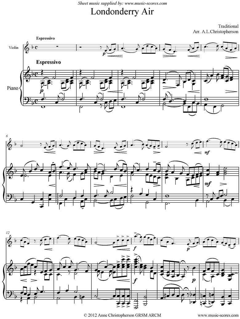 Front page of Danny Boy: I Cannot Tell: Londonderry Air: Violin and Piano sheet music