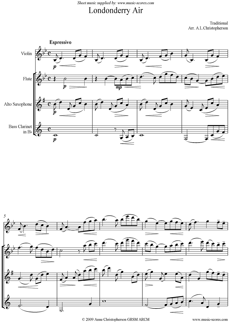 Front page of Danny Boy: I Cannot Tell: Londonderry Air: Flute, Vn, Alto Sax, Bass Clari sheet music