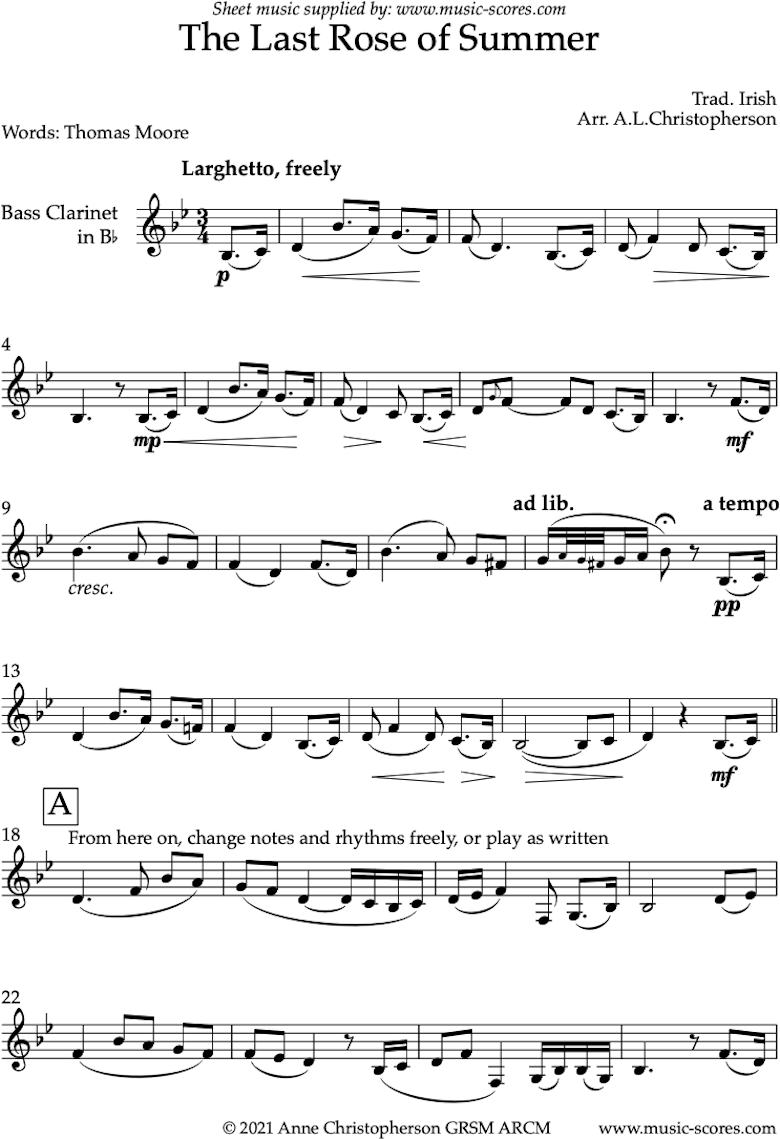 Front page of The Last Rose of Summer: Solo Bass Clarinet sheet music