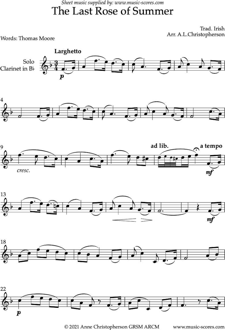 Front page of The Last Rose of Summer: Solo Clarinet sheet music
