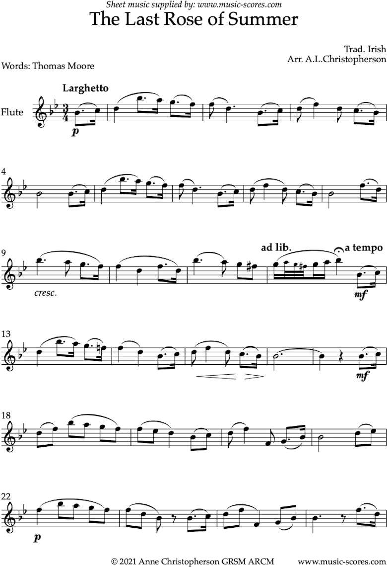 Front page of The Last Rose of Summer: Solo Flute sheet music