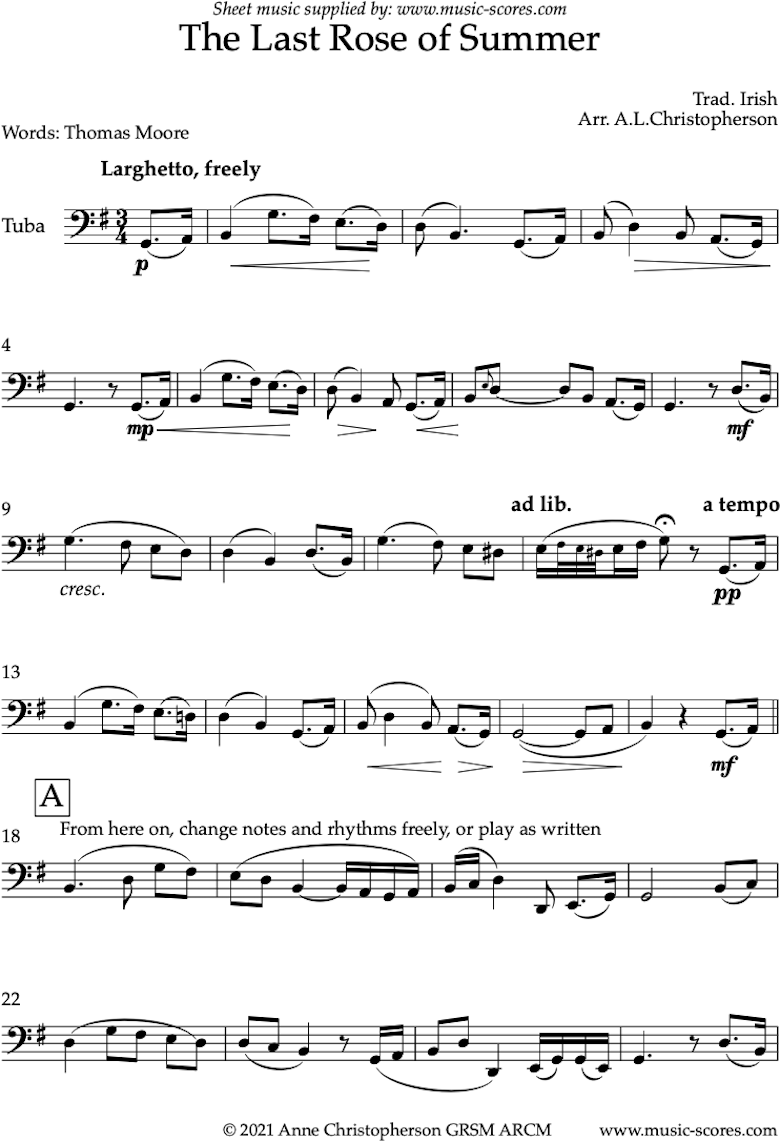 Front page of The Last Rose of Summer: Solo Tuba sheet music