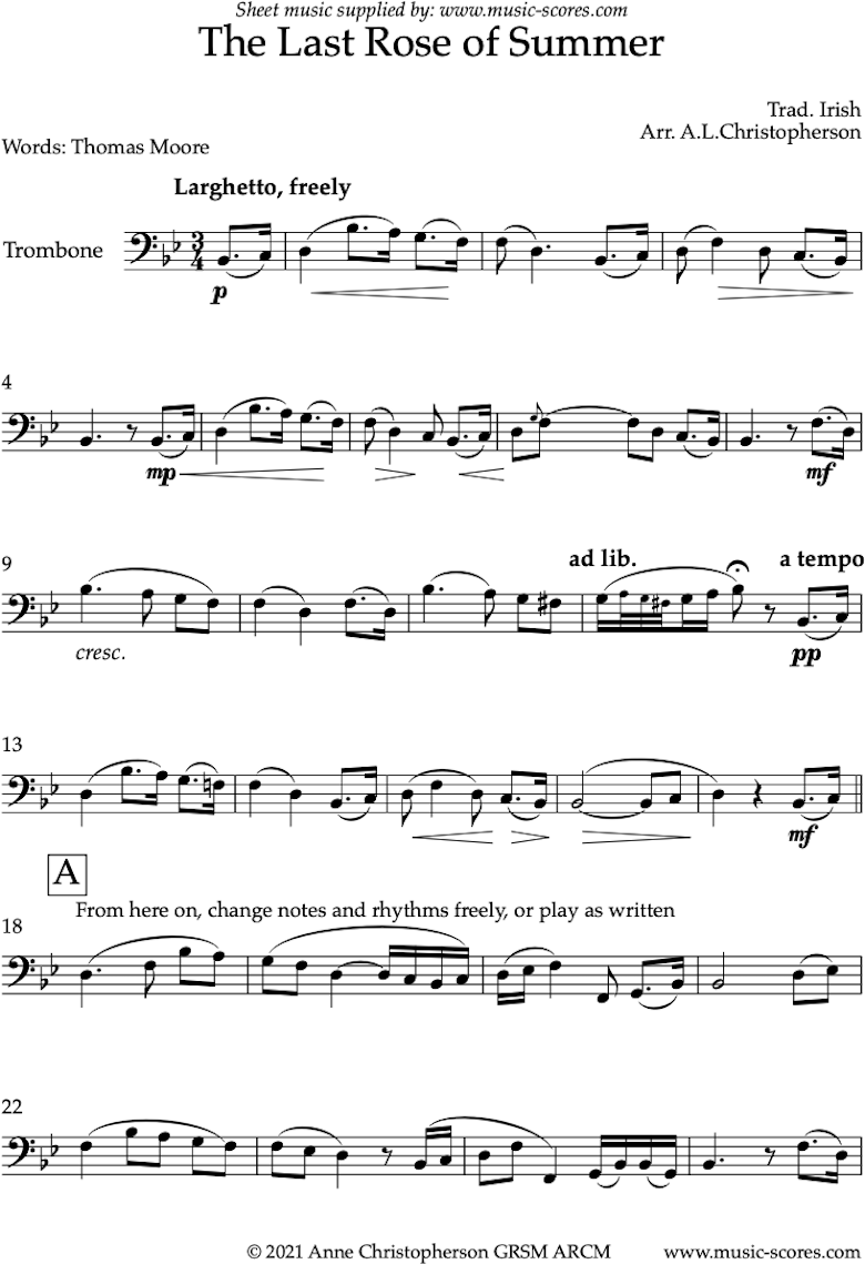 Front page of The Last Rose of Summer: Solo Trombone sheet music