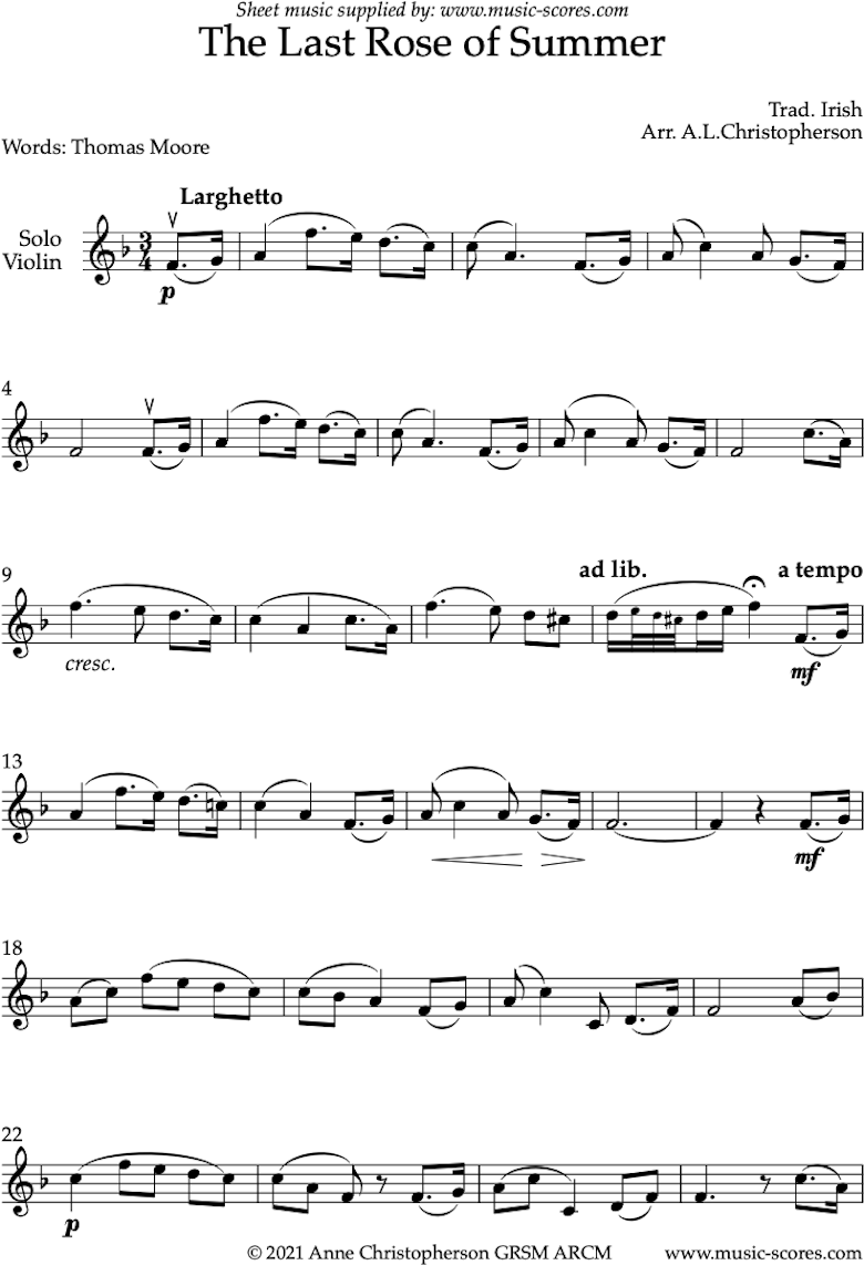 Front page of The Last Rose of Summer: Solo Violin sheet music