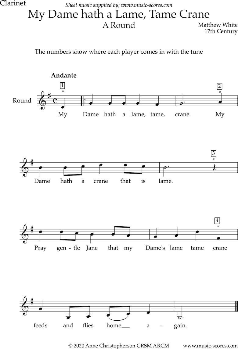 Front page of My Dame Hath a Lame Tame Crane: 4 Voices or 4 Clarinets sheet music