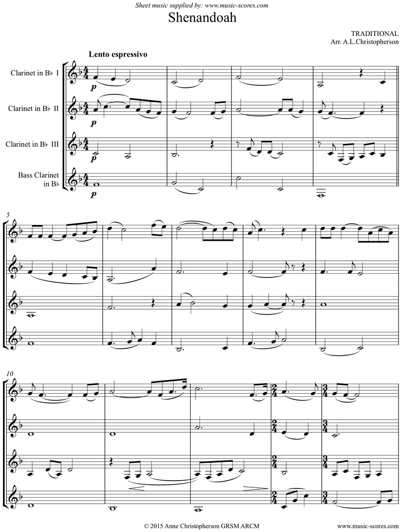 Front page of Shenandoah: Clarinet Quartet sheet music