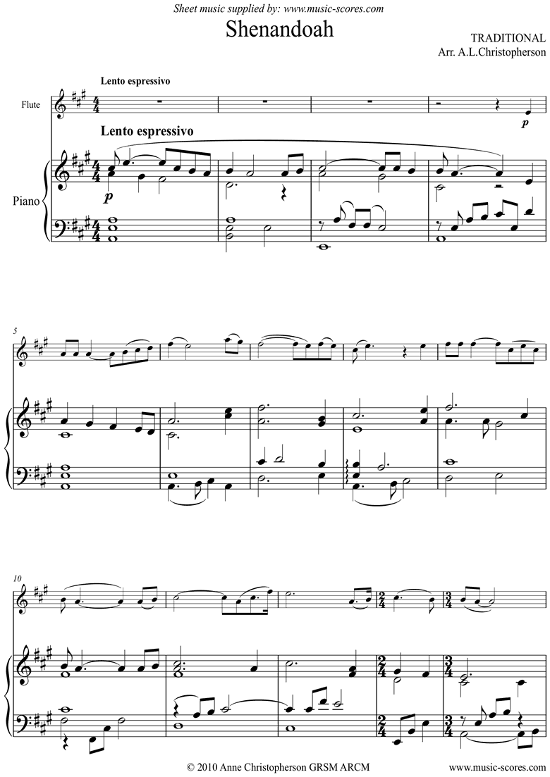 Front page of Shenandoah: Flute sheet music