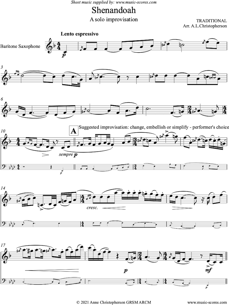 Front page of Shenandoah: Solo Baritone Sax improv sheet music