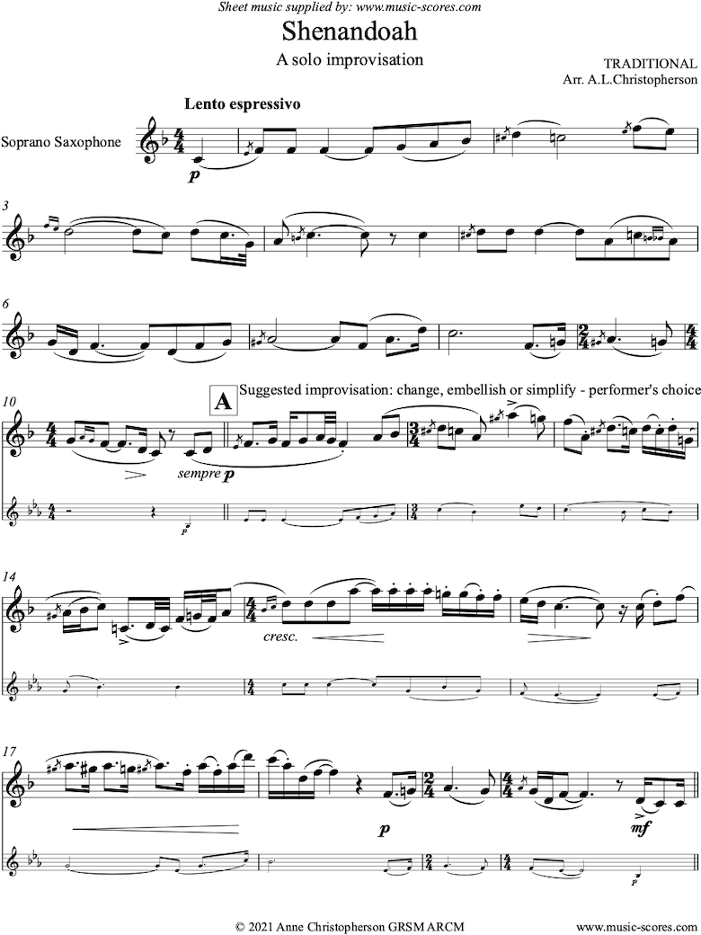 Front page of Shenandoah: Solo Soprano Sax improv sheet music