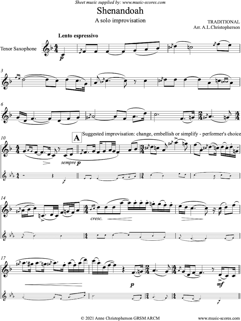 Front page of Shenandoah: Solo Tenor Sax improv sheet music