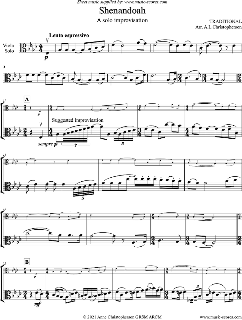 Front page of Shenandoah: Solo Viola sheet music