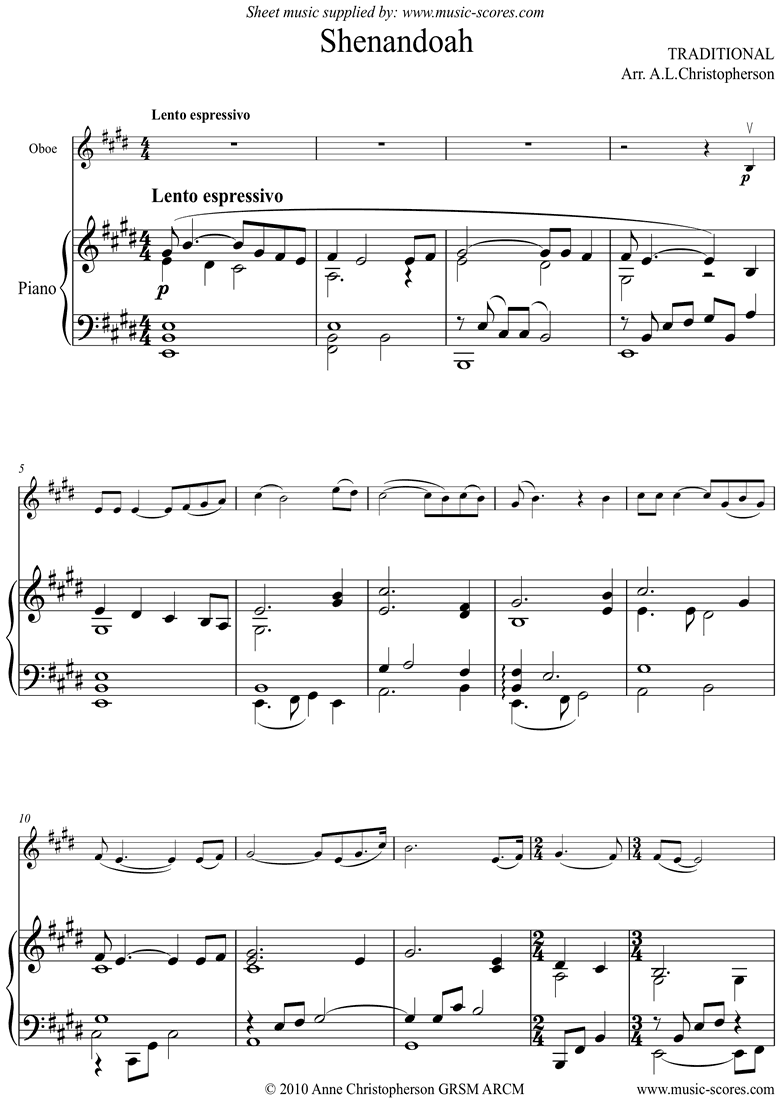 Traditional. Shenandoah Oboe classical sheet music
