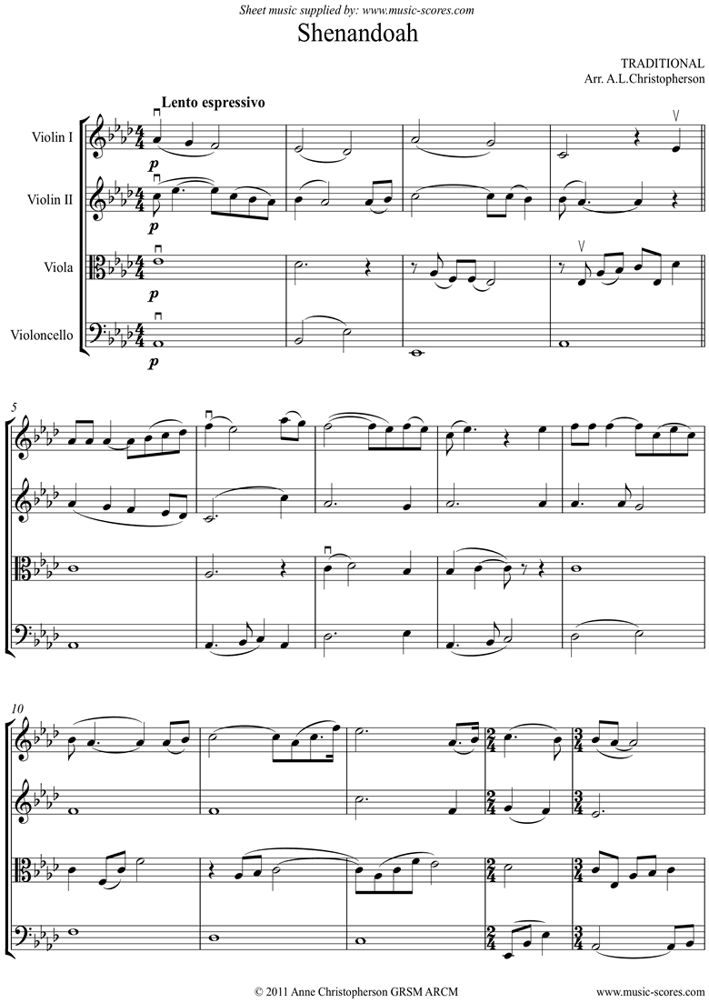 Front page of Shenandoah: String quartet, Ab, A sheet music