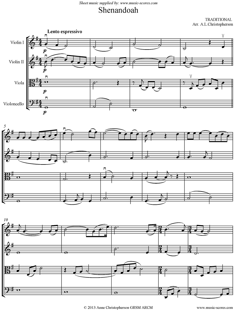 Front page of Shenandoah: String quartet: G ma sheet music