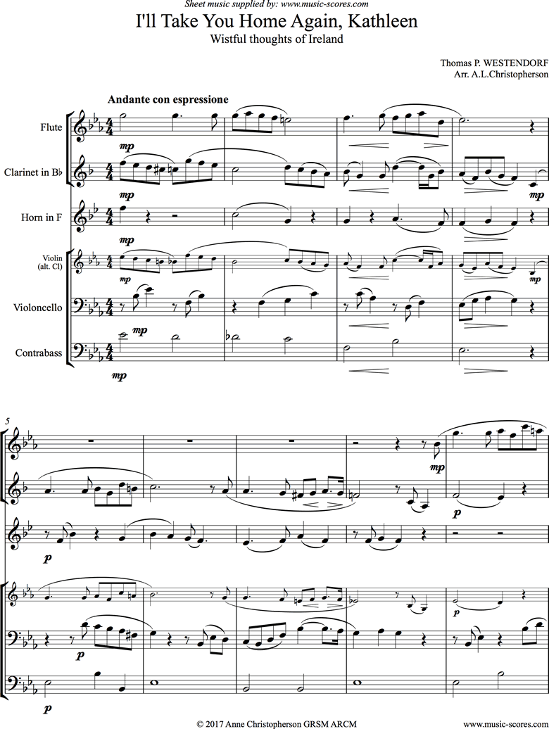 Front page of I will Take you Home Kathleen: Flute, Clarinet, Horn, Cello, Double Bass sheet music