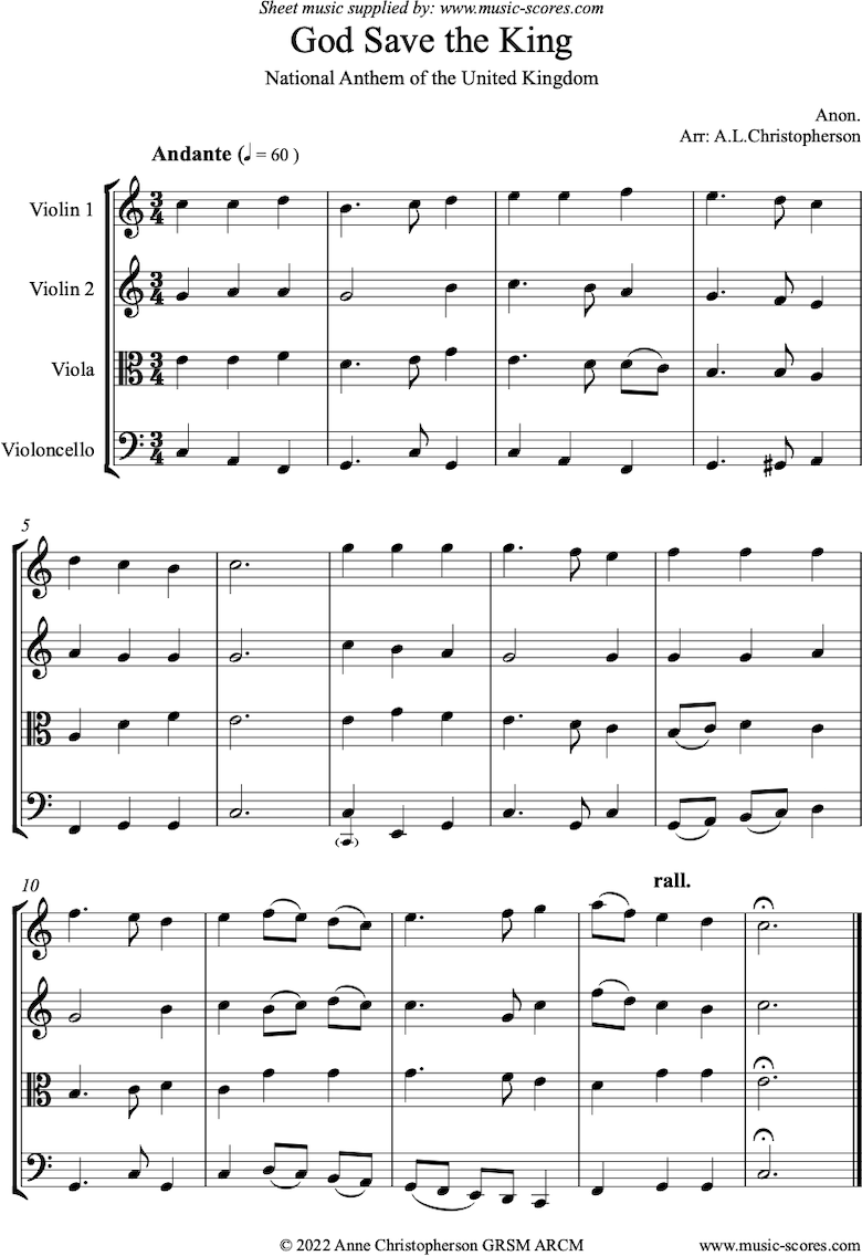 Front page of UK National Anthem: God Save the King: God Save the Queen: String Quartet sheet music