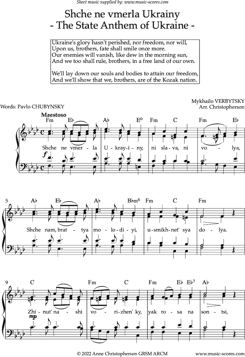 Front page of Ukraine State Anthem sheet music