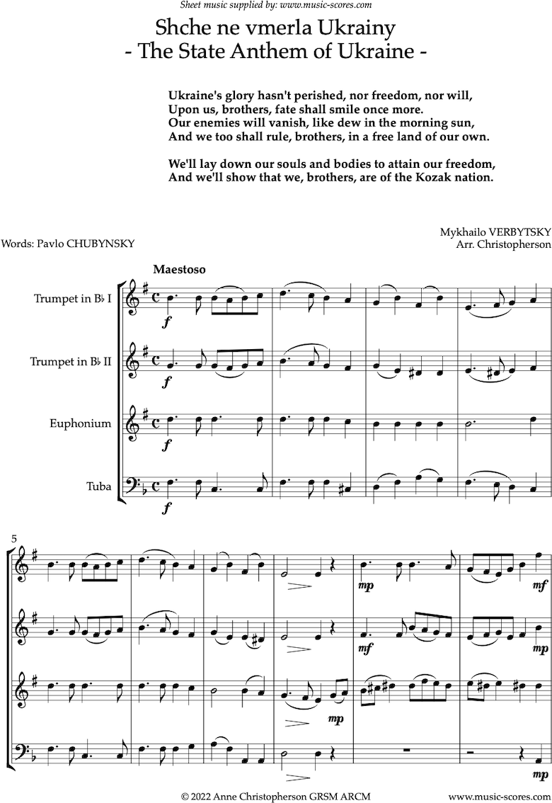 Front page of Ukraine State Anthem: Brass quartet sheet music