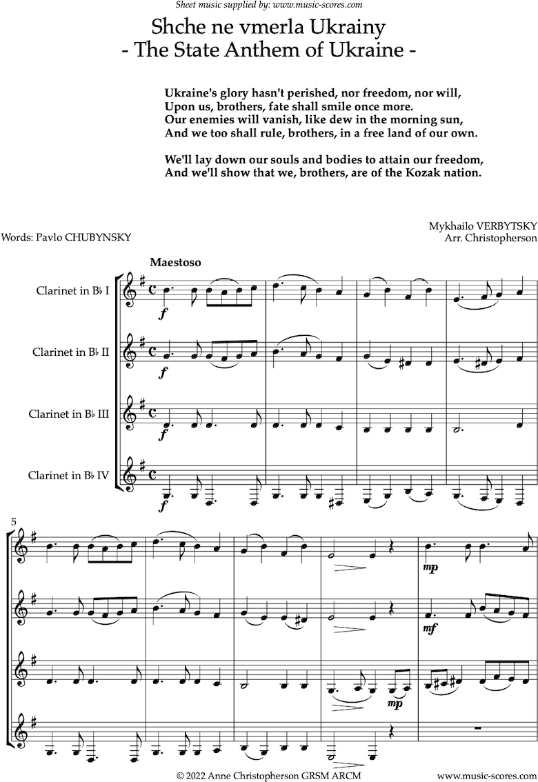 Front page of Ukraine State Anthem: 4 Clarinets sheet music