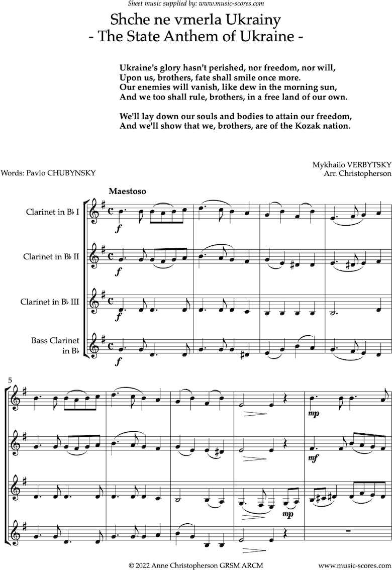 Front page of Ukraine State Anthem: Clarinet quartet sheet music
